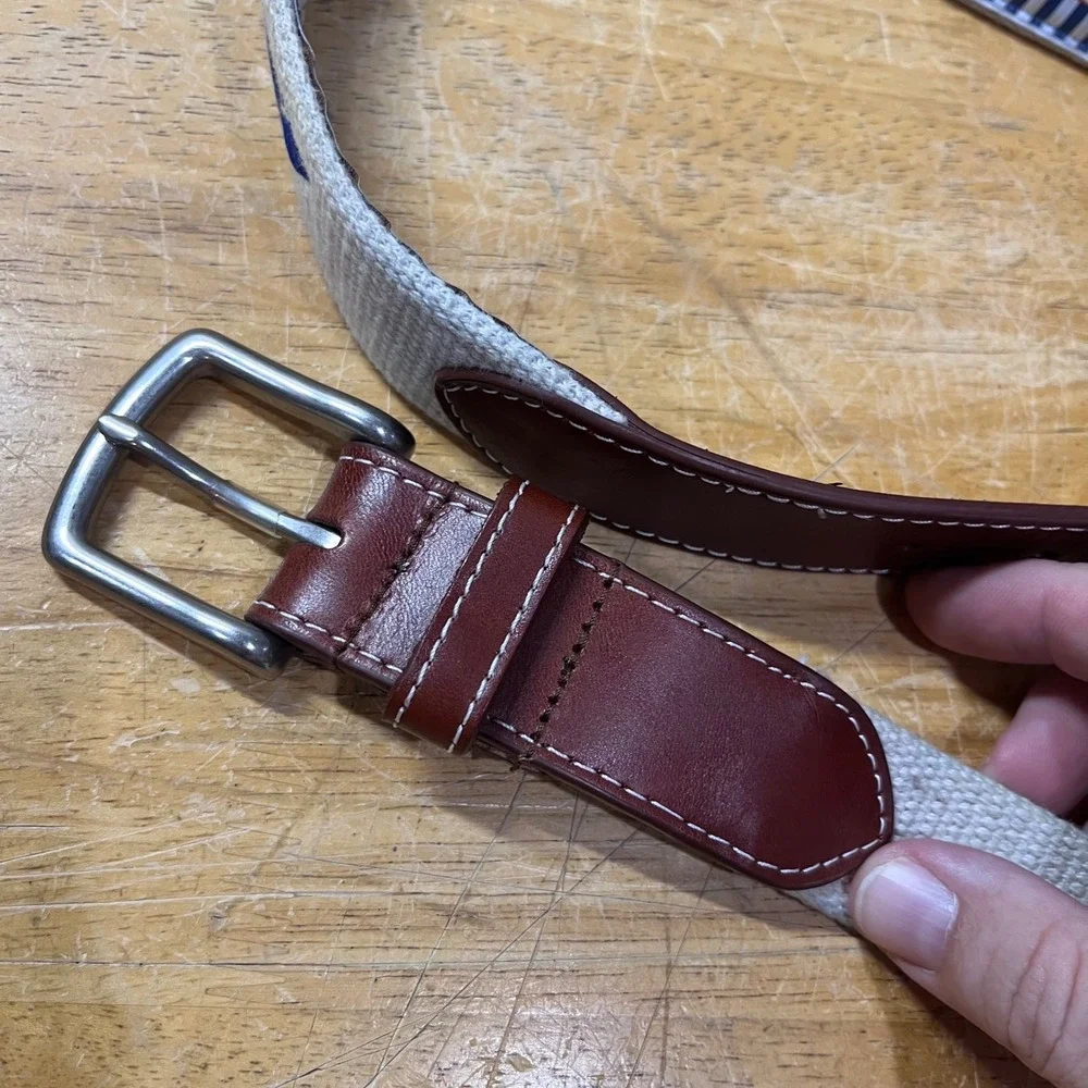 Peter Millar Mens Canvas Leather Belt Beige Brown Made in USA Size 42 Vtg Style